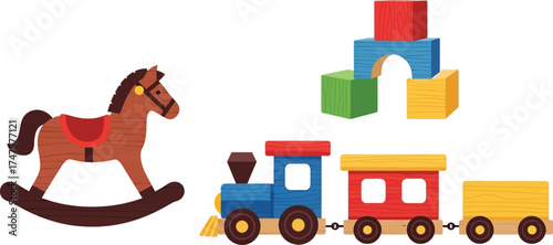 Nostalgic wooden rocking horse and toy train bring childhood joy back