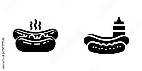 Modern Minimalist Hot Dog Icon, Flat Silhouette of a Hot Dog with Sauce Vector for Food Illustration Design