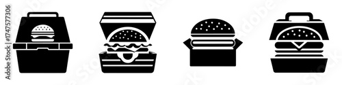 Modern Minimalist Open Burger Box Icon, Flat Silhouette of a Burger in Box Vector for Food Illustration Design