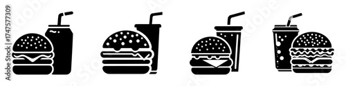 Modern Minimalist Burger with Soda Icon, Flat Silhouette of a Burger and Drink Vector for Food Illustration Design