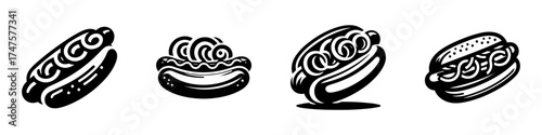 Modern Minimalist Hot Dog with Onions Icon, Flat Silhouette of a Hot Dog Topped with Onions Vector for Food Illustration Design