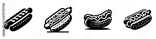 Modern Minimalist Hot Dog with Ketchup Icon, Flat Silhouette of a Hot Dog Topped with Sauce Vector for Food Illustration Design
