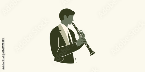 Illustration of a skilled male musician elegantly playing a clarinet, depicted in a minimalist graphic style suitable for music-related concepts, hobbies, and educational content