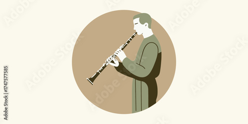 Elegant minimalist illustration of a male musician skillfully playing a classical clarinet, perfect for music-themed designs, educational content, or artistic projects