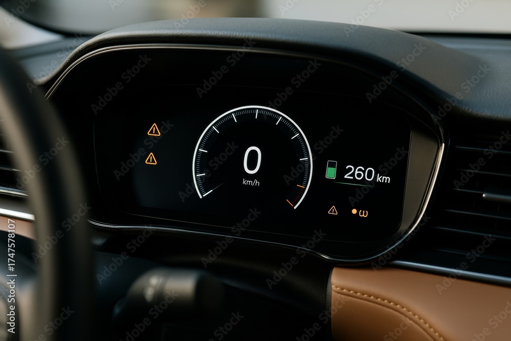 Obraz premium Modern electric vehicle dashboard showing speedometer and battery range with warning lights on sleek black background in interior close-up view. Ai generative