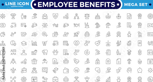 Employee benefits Outline icon set with salary, bonus, insurance, wellness, and pension symbols. Perfect for workplace design, human resource management, career growth. Editable stroke outline icon. 