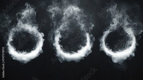 Three white smoke rings swirling and dissipating against a dark background, creating a mysterious and ephemeral atmosphere