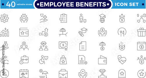 Employee benefits Outline icon set with salary, bonus, insurance, wellness, and pension symbols. Perfect for workplace design, human resource management, career growth. Editable stroke outline icon. 