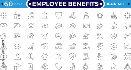 Employee benefits Outline icon set with salary, bonus, insurance, wellness, and pension symbols. Perfect for workplace design, human resource management, career growth. Editable stroke outline icon. 