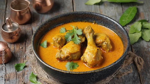 Chicken curry in a dark bowl with copper pots and green leaves on a wooden surface close up view