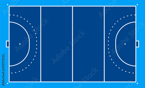 A simplified vector illustration of a field hockey pitch showing standard lines, circles, and boundary markings.
