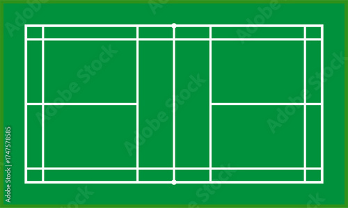 A detailed vector illustration of a badminton court layout with white lines on a green background, showing boundaries for singles and doubles play, service areas, and the net line.