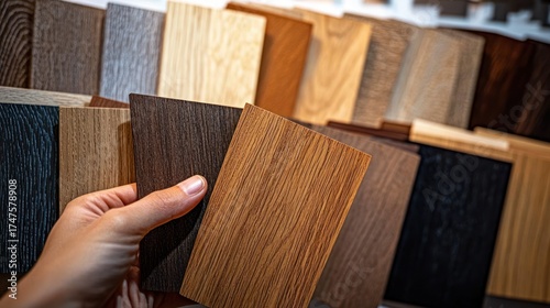 Close-up of a hand holding two wood veneer samples in front of a display of various wood grain and color panels suggesting choice and selection in interior design