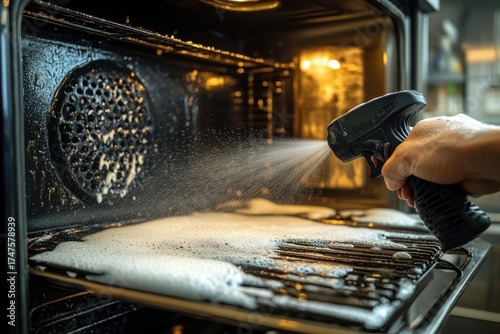 Close-up of hand spraying cleaning foam inside a kitchen oven to remove grease and dirt with focused light in background