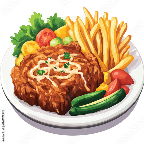  Illustrated Meal of Crispy Fried Cutlet with Fries and Salad