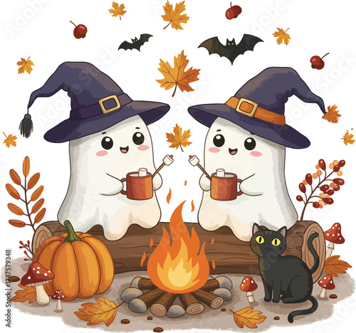 Cute halloween ghosts enjoying campfire warmth with autumn leaves and pumpkin
