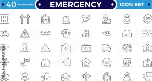 Emergency Outline icon set featuring police, fire, medical, and security alerts. Includes alarm, bell, flasher, and warning signs for safety, protection, and traffic. Editable stroke outline icon. 