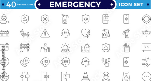 Emergency Outline icon set featuring police, fire, medical, and security alerts. Includes alarm, bell, flasher, and warning signs for safety, protection, and traffic. Editable stroke outline icon. 