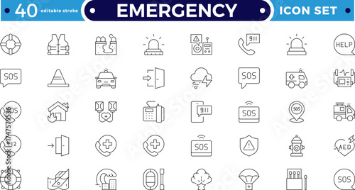 Emergency Outline icon set featuring police, fire, medical, and security alerts. Includes alarm, bell, flasher, and warning signs for safety, protection, and traffic. Editable stroke outline icon. 