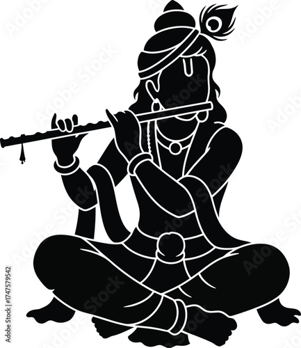 A black silhouette vector illustration of the Hindu deity Lord Krishna sitting and playing the flute.