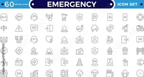 Emergency Outline icon set featuring police, fire, medical, and security alerts. Includes alarm, bell, flasher, and warning signs for safety, protection, and traffic. Editable stroke outline icon. 