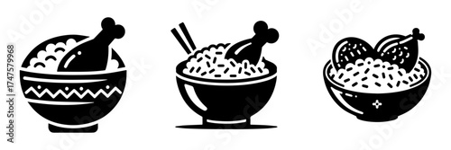 Delicious Chicken Rice Bowl Set Illustration Black and White.