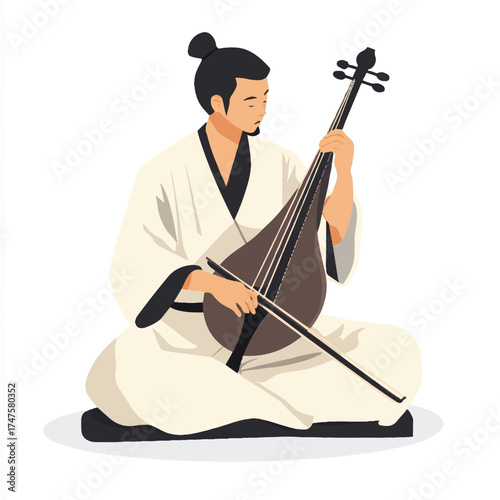 Japanese musician in traditional kimono playing a biwa instrument