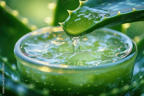 Fresh aloe vera gel pouring from a thick green aloe leaf into a glass container with gel inside, close-up showing texture and clarity of the gel