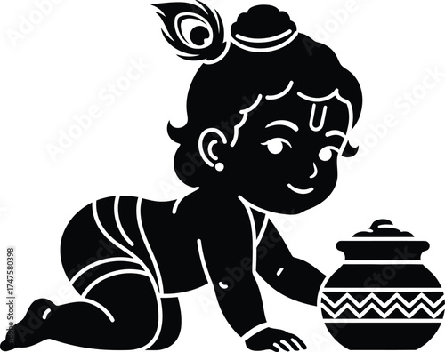 Black silhouette illustration of baby Krishna crawling towards a butter pot, depicting a Hindu deity's childhood.