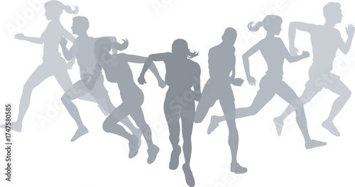 Marathon runners silhouettes on a black background crowd of athletes competing