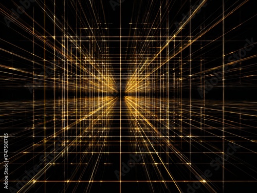 Abstract Technology Background with Golden Glowing Grid Lines, Digital Network, and Futuristic Perspective
