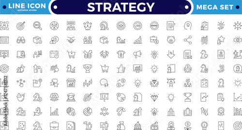 Strategy Outline icon set with planning, teamwork, deadline, and budget symbols. Includes strategy, workflow, and collaboration elements for business development. Editable stroke outline icon. 
