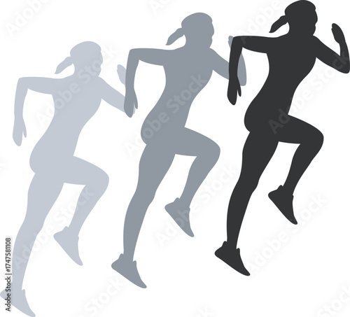 Abstract vector art depicting three runners in varying shades on black backdrop