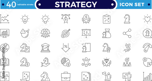 Strategy Outline icon set with planning, teamwork, deadline, and budget symbols. Includes strategy, workflow, and collaboration elements for business development. Editable stroke outline icon. 
