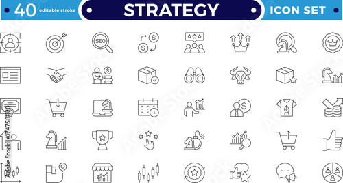 Strategy Outline icon set with planning, teamwork, deadline, and budget symbols. Includes strategy, workflow, and collaboration elements for business development. Editable stroke outline icon. 
