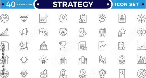 Strategy Outline icon set with planning, teamwork, deadline, and budget symbols. Includes strategy, workflow, and collaboration elements for business development. Editable stroke outline icon. 
