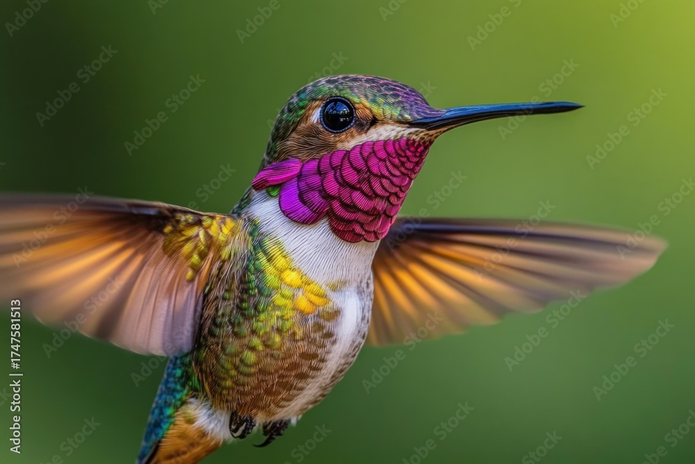 Fototapeta premium Close-up of a vibrant hummingbird with iridescent green and purple feathers hovering mid-air against a soft green blurred background, showcasing delicate wing motion