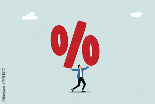 Percentage or interest rate, debt burden, expenses to be paid, savings or financial gain, discount price reduction, promotional concept, entrepreneurs carry a large percentage sign.