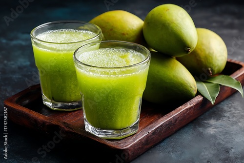 Refreshing green mango juice in glasses on a wooden tray with fresh green mangoes