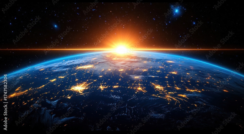 Obraz premium Sunrise over Earth from space showing illuminated city lights with stars and galaxies in the background