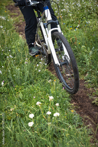 Riding mountain bike on grassland forest mountains