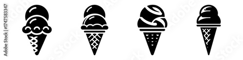 Ice cream cones in a row black and white sweet treats.
