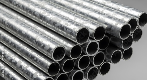 Neatly stacked shiny metallic pipes reflecting light, showcasing essential industrial construction materials, durability, and modern manufacturing components crucial for infrastructure development