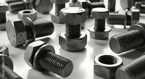 Close-up of a collection of metallic bolts and nuts, showcasing their intricate threaded details and industrial design
