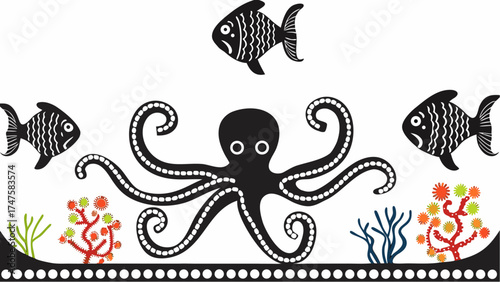 Playful ocean scene with octopus, coral, and fish creates a fun and engaging underwater vibe
