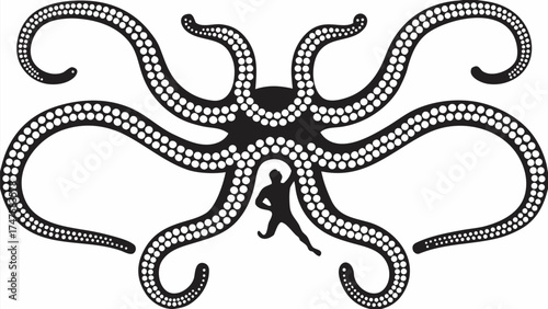 Man escapes the clutches of a monstrous octopus in this dynamic and surreal illustration