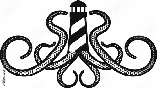 Striking lighthouse entwined with stylized octopus tentacles in a nautical design, bold and modern