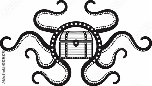 Mysterious treasure chest guarded by an octopus, perfect for pirates, gaming, and fantasy designs