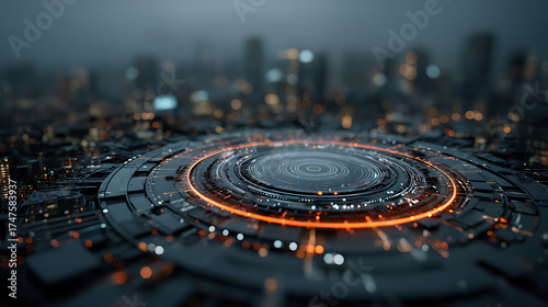 Fototapeta Naklejka Na Ścianę i Meble -  futuristic award network digital interface connections technology 3d and badge cityscape with blurred 3d background. on dark rendering. icons rendering 46036846 1