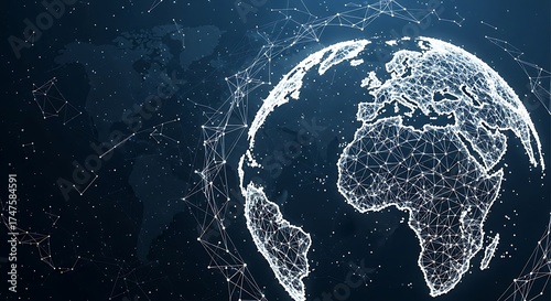 Digital globe illustration with interconnected network lines highlighting Africa and Europe.